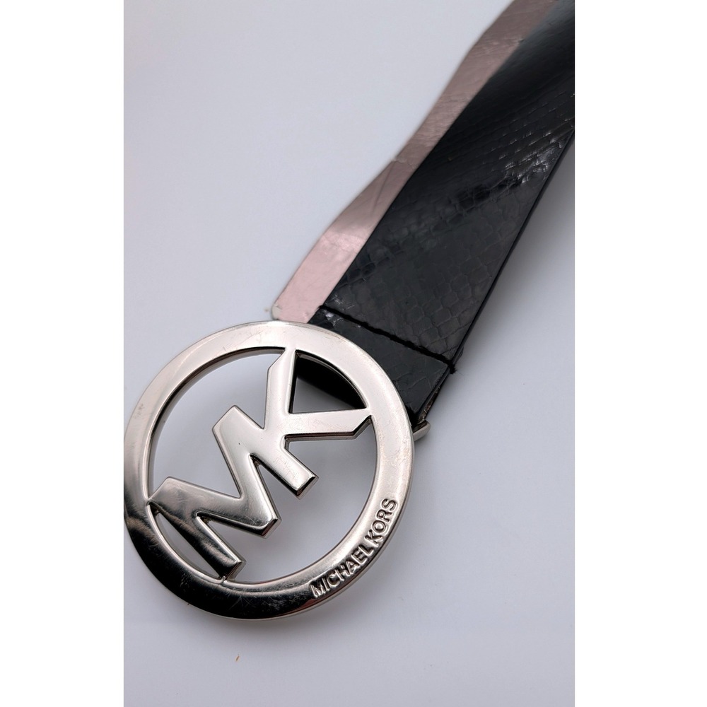 Michael Kors Belt Black Snakeskin Silver MK Logo Buckle Rose Gold Interior M